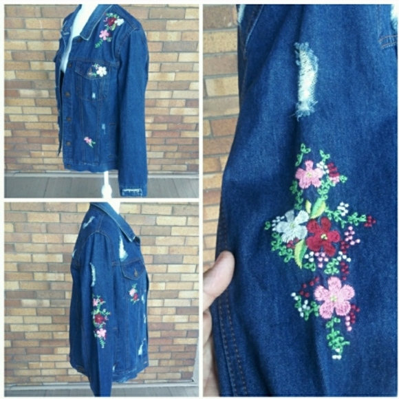Wax Jean Distressed Denim Jacket embroidered  S - Picture 4 of 8